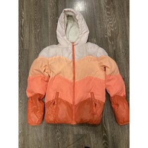 Cat & Jack Kids Puffer Jacket Sherpa Hood L‎ (10/12) Pink Orange Colorblock